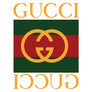 Logotipo da Gucci com as letras em destaque, apresentando o famoso monograma GG em um fundo verde e vermelho, representando a identidade da marca de luxo italiana.