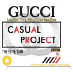 Logo da Gucci com foco no projeto "Casual Project", destacando qualidade superior em denim. Texto inclui "Leader The New Generation" e "The Elite Team". Design colorido e moderno.