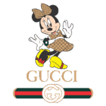 Imagem da personagem Minnie Mouse vestindo uma roupa com estampa da Gucci, exibindo um estilo divertido e elegante, com o logotipo da marca em destaque na parte inferior.