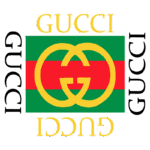 Logotipo da Gucci com o icônico símbolo duplo "G" em amarelo, ao fundo cores verde e vermelho, representando a marca de luxo italiana.