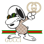 Ilustração de um coelho estilizado usando roupas da Gucci, com óculos escuros e fazendo um gesto de atitude. O fundo apresenta o padrão icônico da marca e as cores verde e vermelho da Gucci.