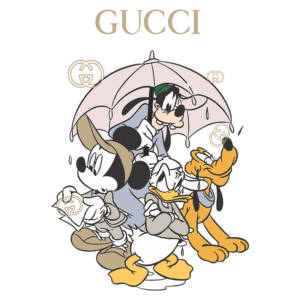 Imagem de personagens da Disney, incluindo Mickey Mouse, Pato Donald, Pluto e Pateta, sob um guarda-chuva, com o logo da Gucci em destaque. Ilustração que combina moda de luxo e cultura pop.