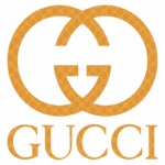 Logotipo da marca de luxo Gucci em fundo laranja, apresentando o símbolo duplo "G" entrelaçado e o nome "GUCCI" abaixo, representando elegância e moda de alta qualidade.