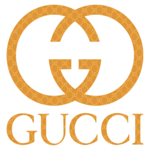 Logotipo da marca de luxo Gucci em fundo laranja, apresentando o símbolo duplo "G" entrelaçado e o nome "GUCCI" abaixo, representando elegância e moda de alta qualidade.