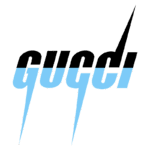 Logotipo da marca de luxo Gucci com estilo moderno em azul claro e preto, destacando elementos de design icônicos e elegantes.