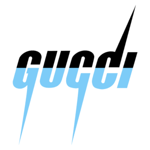 Logotipo da marca de luxo Gucci com estilo moderno em azul claro e preto, destacando elementos de design icônicos e elegantes.