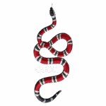 Ilustração de uma cobra vermelha com listras brancas e pretas, acompanhada do logo da marca Gucci em destaque.