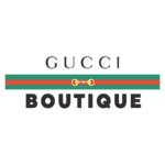 Logo da boutique Gucci, apresentando o nome "GUCCI" em letras elegantes acima da palavra "BOUTIQUE", com um detalhe de faixa verde e vermelha ao fundo.