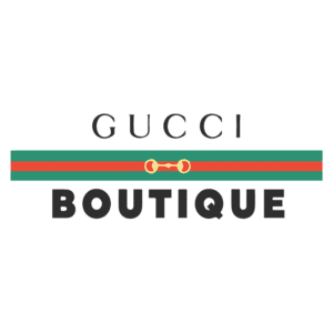 Logo da boutique Gucci, apresentando o nome "GUCCI" em letras elegantes acima da palavra "BOUTIQUE", com um detalhe de faixa verde e vermelha ao fundo.