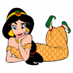 Personagem feminina de pele clara com cabelos longos e negros, vestida com um traje de estilo árabe com estampa de logotipo. Ela está sentada de lado, apoiando a cabeça com a mão, exibindo um sorriso pensativo. A imagem destaca suas joias e um acessório de cabelo, em um fundo verde.