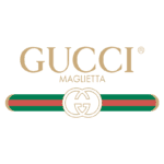 Logotipo da Gucci com a palavra "MAGLIETTA" abaixo, acompanhado de uma faixa verde e vermelha, simbolizando a marca de luxo e estilo premium.