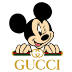 Imagem ilustrativa de Mickey Mouse sorridente com elementos da marca Gucci, destacando um design que combina estilo e cultura pop.
