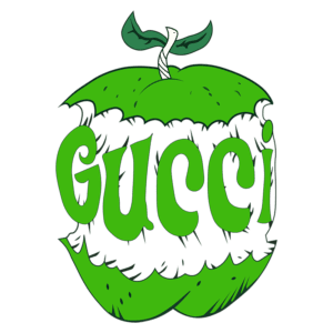 Logotipo criativo da marca Gucci em forma de maçã verde, com o texto "Gucci" estilizado em verde, destacando um design moderno e atraente.