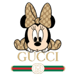 Imagem da personagem Minnie Mouse estilizada com estampa da Gucci, usando um laço grande. Abaixo, o nome "GUCCI" em letras douradas e a faixa verde e vermelha característica da marca.