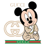 Mickey Mouse estilizado vestido com roupa da Gucci, posando de forma jovial, com o logotipo da marca ao fundo. A imagem combina elementos da cultura pop com a alta moda, destacando a colaboração entre a Gucci e personagens icônicos.