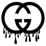 Logo da marca Gucci em preto, com dois "G" interligados, apresentando um efeito de gotejamento. Ideal para representar a moda de luxo e estilo contemporâneo.