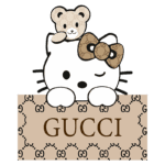 Imagem de Hello Kitty com um ursinho de pelúcia, ambos usando o padrão da marca Gucci, segurando uma placa com o nome "GUCCI". Ideal para fãs de moda e cultura pop.