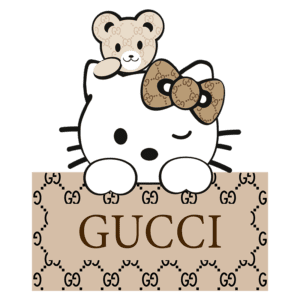 Imagem de Hello Kitty com um ursinho de pelúcia, ambos usando o padrão da marca Gucci, segurando uma placa com o nome "GUCCI". Ideal para fãs de moda e cultura pop.