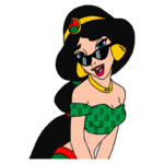 Princesa Jasmine em estilo cartoon, usando óculos escuros e uma blusa verde estampada, sorrindo e posando com uma expressão divertida. A imagem destaca a fusão de elementos de moda moderna e a estética clássica da personagem.