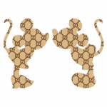 Silhuetas de Mickey e Minnie Mouse com padrão de logotipo da Gucci em fundo transparente, formando uma composição artística e estilizada.