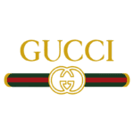 Logotipo da marca de luxo Gucci, apresentando o nome "GUCCI" em letras douradas acima de uma faixa com as cores verde e vermelho, e os icônicos símbolos GG entrelaçados em destaque.