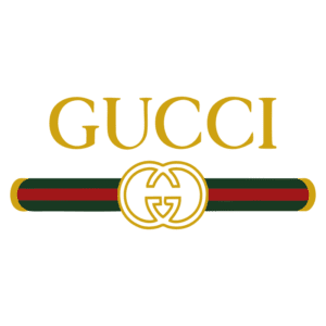 Logotipo da marca de luxo Gucci, apresentando o nome "GUCCI" em letras douradas acima de uma faixa com as cores verde e vermelho, e os icônicos símbolos GG entrelaçados em destaque.