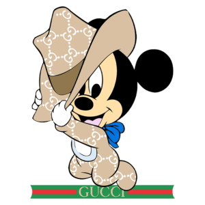 Mickey Mouse vestido com um chapéu estilizado, exibindo o logotipo da Gucci, com um lenço azul ao redor do pescoço, em estilo divertido e icônico.