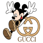 Mickey Mouse pulando alegremente em frente ao logotipo da Gucci, destacando a icônica combinação da cultura pop com a alta moda.