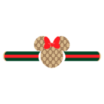 A imagem apresenta um laço estilizado com a cabeça da Minnie Mouse, decorada com o padrão da marca Gucci em tons bege, com uma fita vermelha e verde. Ideal para colecionadores e fãs da Disney e da moda de luxo.