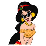 Personagem feminina com cabelo preto e longo, usando óculos escuros e joias, vestindo uma blusa estilizada com padrão da marca Gucci. Apresenta uma expressão sorridente e confiante. Ideal para temas de moda e cultura pop.