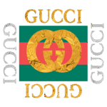 Logotipo da Gucci com fundo em verde e vermelho, apresentando o padrão de duplo G em dourado, simbolizando sofisticação e luxo.