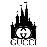Logotipo da Gucci incorporando um castelo, apresentando as letras "GG" entrelaçadas em estilo elegante, representando a marca de luxo italiana.