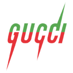 Logotipo estilizado da marca Gucci em cores verde e vermelho, com letras em minúsculas e um design moderno e arrojado.
