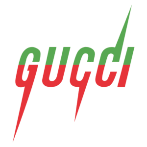 Logotipo estilizado da marca Gucci em cores verde e vermelho, com letras em minúsculas e um design moderno e arrojado.