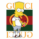 Bart Simpson vestido com roupas da marca Gucci, segurando uma lata, sobre um fundo com o logotipo da Gucci. A imagem combina elementos da cultura pop e moda de luxo.