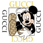 Imagem de Mickey Mouse estilizado com elementos da marca Gucci, incluindo o logotipo repetido em fundo claro. Mickey está usando sapatos com o monograma da Gucci e fazendo um gesto amigável. Ideal para ilustrar colaborações de moda e cultura pop.