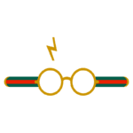 Óculos característicos com um raio, inspirados na figura de um famoso jovem bruxo, com hastes em cores verde e vermelha.