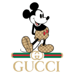Mickey Mouse estilizado com estampa da Gucci, caminhando animadamente, sobre fundo verde. A arte combina elementos de moda e cultura pop.