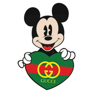 Personagem Mickey Mouse segurando um coração verde com as iniciais e cores da marca Gucci, simbolizando a fusão da cultura pop com a moda de luxo.