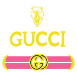 Logo da Gucci em cores vibrantes, apresentando o nome "GUCCI" em amarelo com um fundo rosa, além do icônico símbolo GG entrelaçado. Ideal para representar a marca de moda de luxo.