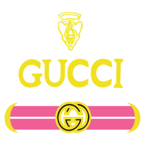 Logo da Gucci em cores vibrantes, apresentando o nome "GUCCI" em amarelo com um fundo rosa, além do icônico símbolo GG entrelaçado. Ideal para representar a marca de moda de luxo.
