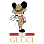 Imagem de Mickey Mouse vestido com um traje de grife Gucci, incluindo chapéu e gravata, com o logotipo da Gucci abaixo.