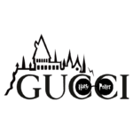 Logotipo criativo que combina os elementos da marca Gucci com a estética do universo Harry Potter, apresentando o castelo de Hogwarts e os óculos de Harry, ideal para fãs de moda e cultura pop.