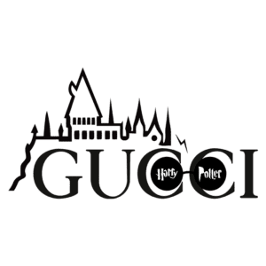 Logotipo criativo que combina os elementos da marca Gucci com a estética do universo Harry Potter, apresentando o castelo de Hogwarts e os óculos de Harry, ideal para fãs de moda e cultura pop.
