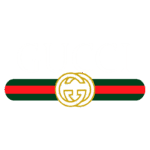 Logo da Gucci com o nome em letras grandes e a faixa verde e vermelha, apresentando o símbolo em dourado.