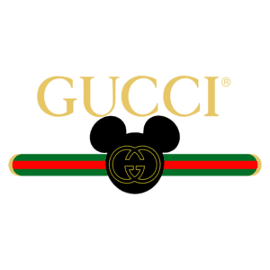 Logotipo da Gucci com a icônica silhueta do Mickey Mouse, destacando as cores verde e vermelho da marca, simbolizando a colaboração entre a Gucci e a Disney.
