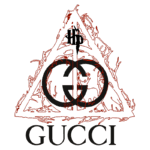 Logotipo da marca de luxo Gucci, apresentando elementos gráficos como um triângulo e um design estilizado.