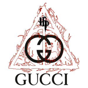 Logotipo da marca de luxo Gucci, apresentando elementos gráficos como um triângulo e um design estilizado.