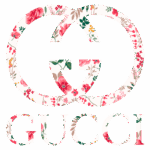 Logotipo da Gucci decorado com um padrão floral vibrante, apresentando as letras "GG" estilizadas acima do nome "GUCCI".