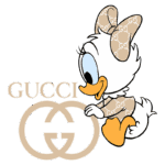Ilustração de Pato Donald vestindo uma roupa com padrão da marca Gucci, ao lado do logotipo da Gucci. Design lúdico que mistura moda e personagens clássicos da Disney. Ideal para temas de moda e cultura pop.